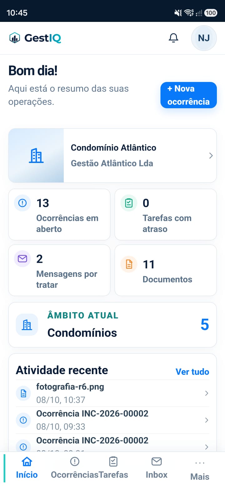 Captura real da atual vista de gestão do GestIQ no telemóvel